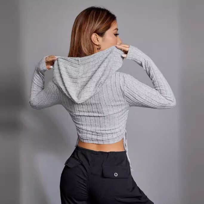 European and American women's 2024 spicy girl short drawstring long sleeved T-shirt looks slim with exposed navel hooded sweatshirt