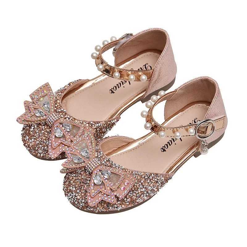 Sandals New Children Princess Shoes Baby Girls Flat Bling Leather Sandals Fashion Rhinestone Soft Kids Dance Party Sparkly Shoes H06291 H241213