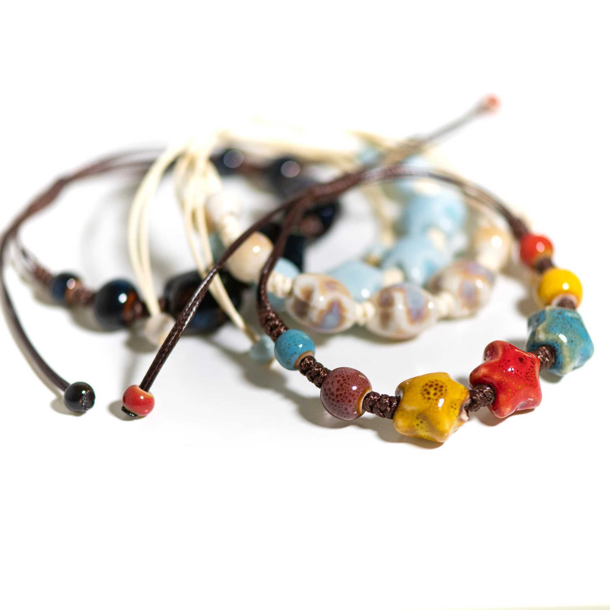 Handmade Colorful Ceramic Star Bracelet Adjustable Braided Wax Cord Unique Fashion AccoryXJ241214