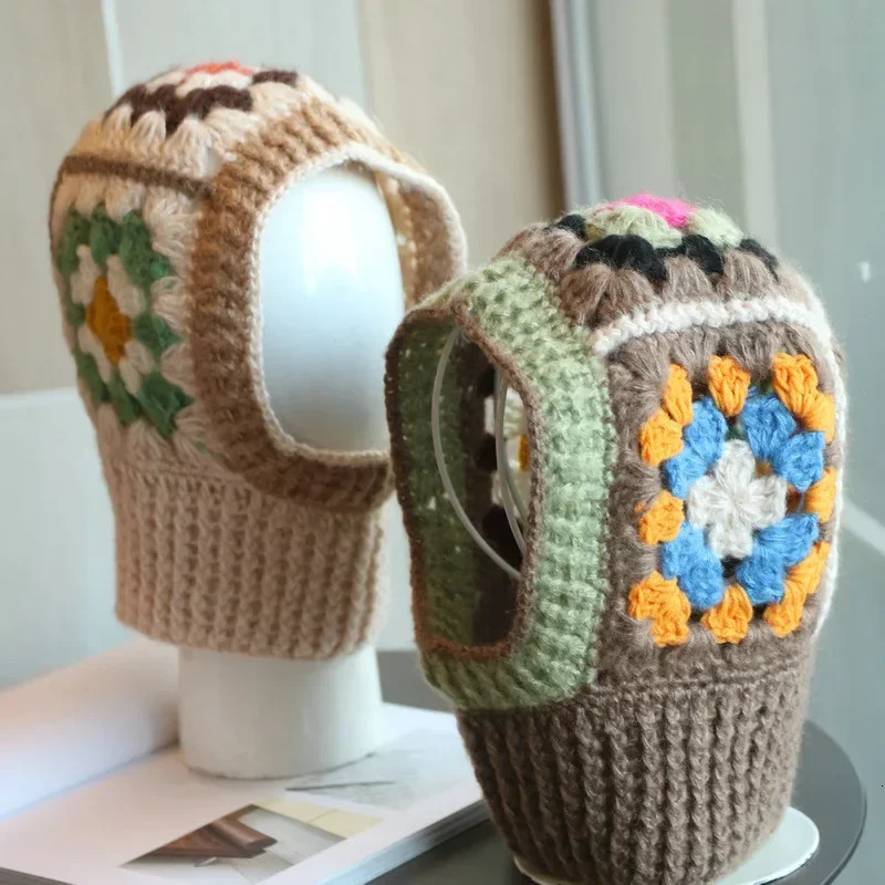 Handmade crocheted Balaclava womens hat autumn and winter wool knitted flower bean hat neck warm womens hat 241205