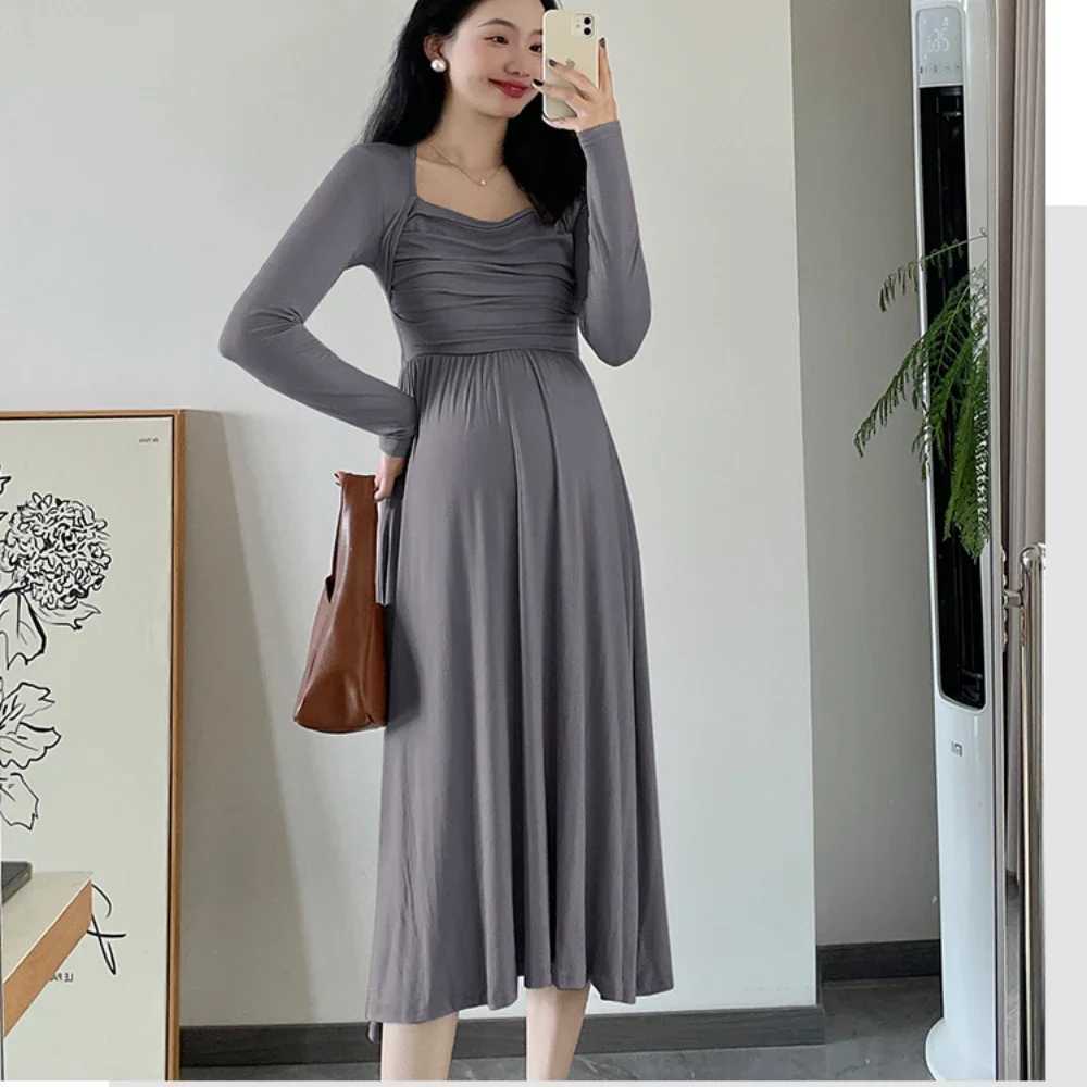2025 Spring Materni Dresses Long Sleeve Square Collar High Waist Pregnant Woman Modal Dress Faux Two Pieces Pregnancy ClothesXJ241213