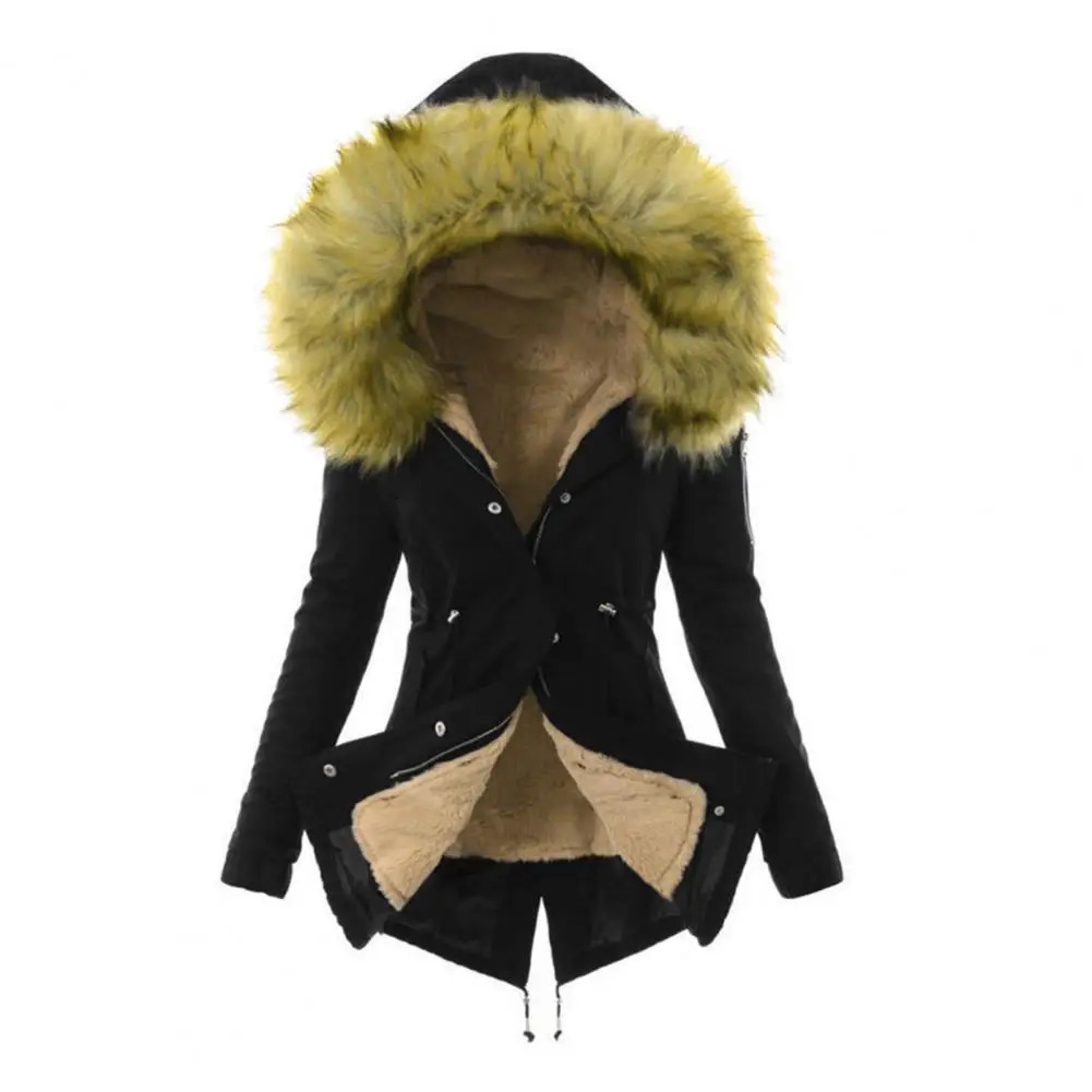 Winter womens cotton blend jacket windproof with fur cap pocket zipper down 241212
