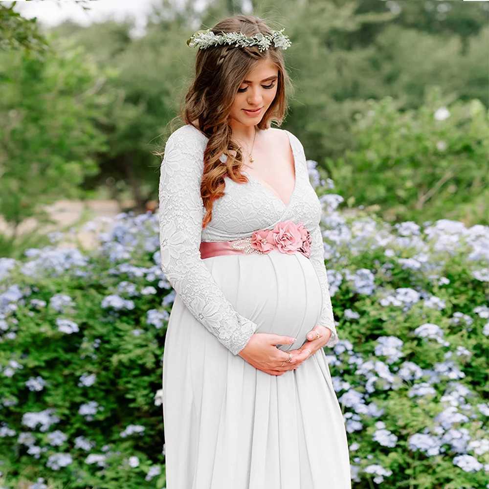 Materni Lace Photography Gown V-Neck Long Sleeve Maxi Elegant Pregnancy Dress For Baby Shower PhotographyXJ241213