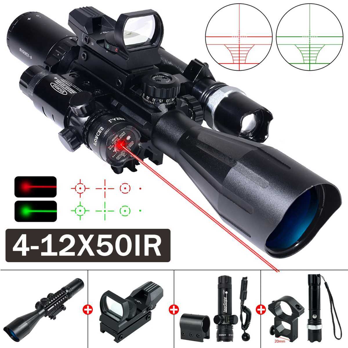 4-12X50IR Laser Flashlight Red Dot Combo Optical Sight Long Range Sniper Rifscope Adjustab Brightn Airsoft Hunting ScopesXJ241214