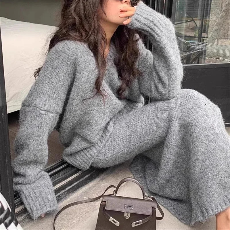 French Style Knitted Sweater Top Womens Autumn Winter VNeck Pullover Skirt 2Piece Set Idle Long 241211