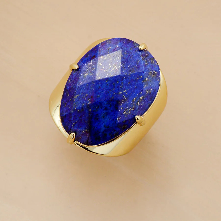 Big Stone Rings High Quality Jewelry Fashion Gold Plated Lapis Lazuli Party Ring Size 7 241214