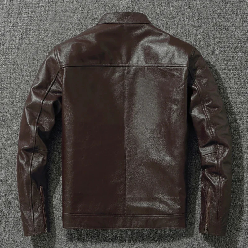Top Layer Cowhide Jacket Fashion SlimFit Stand Collar Leisure Bomber 100 Genuine Leather Mens Vintage Short Zipper M 241214