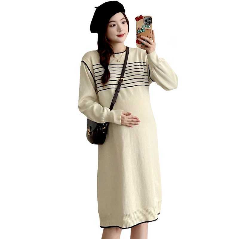 Autumn Loose Pregnant Women Knitted Striped Dress Fashion Materni Straight Dress Knee-length Long Sleeve Pregnancy Midi DressXJ241213