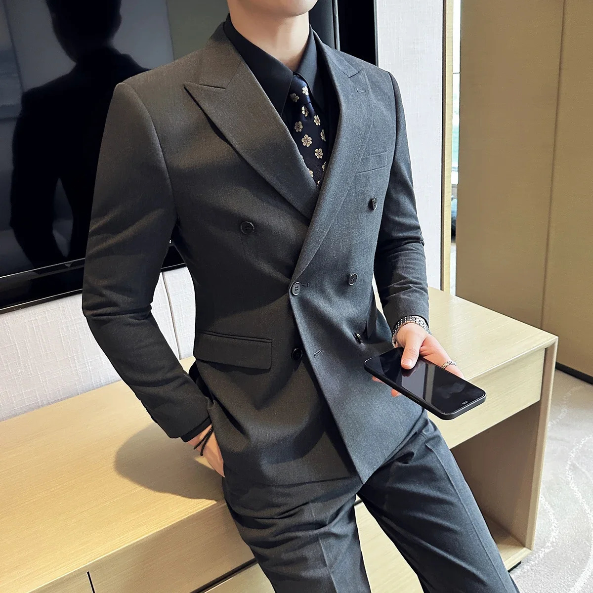 British Style Double Breasted n Mens Suit Formal Business Slim Fit Casual Suits Sets Men Wedding Party Tuxedo 3 Pieces Set 241211