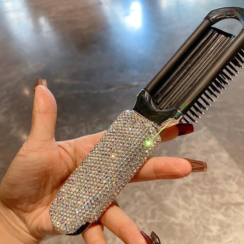 Diamond Mini Portable Folding Comb Mirror 2in1 Bling Rhinestone Air Cushion Comb Cosmetic Travel Pocket Hair Brush Makeup Tool 241213