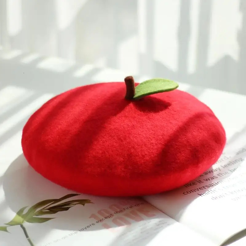 Fresh and lovely fruit girl soft painted hat wool felt orange pink gift green leaves handmade warm ladies beret 241210