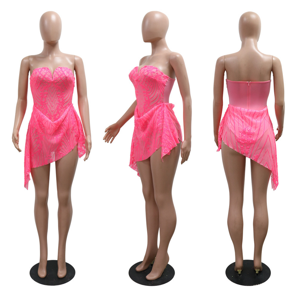 Sexy V-neck see through sequin dress women's new summer outfit 3-color pleated skirt party tight evening dress birthday party club