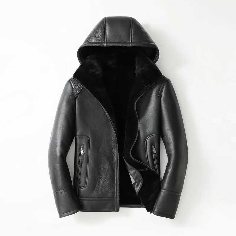 Genuine leather mens natural fur coat mens flight suit mens hoodie thick warm clothes winter jacket 2022 mens Top De Cuero W241213