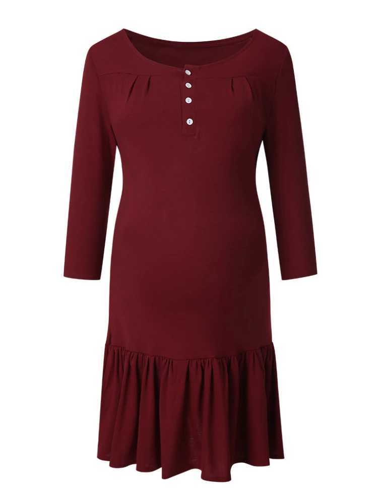 New Womens Pregnant Womens Solid Color Mid Length Dress Summer Round Neck 7/4 Sleeve Casual Breastfeeding Womens DressXJ241213