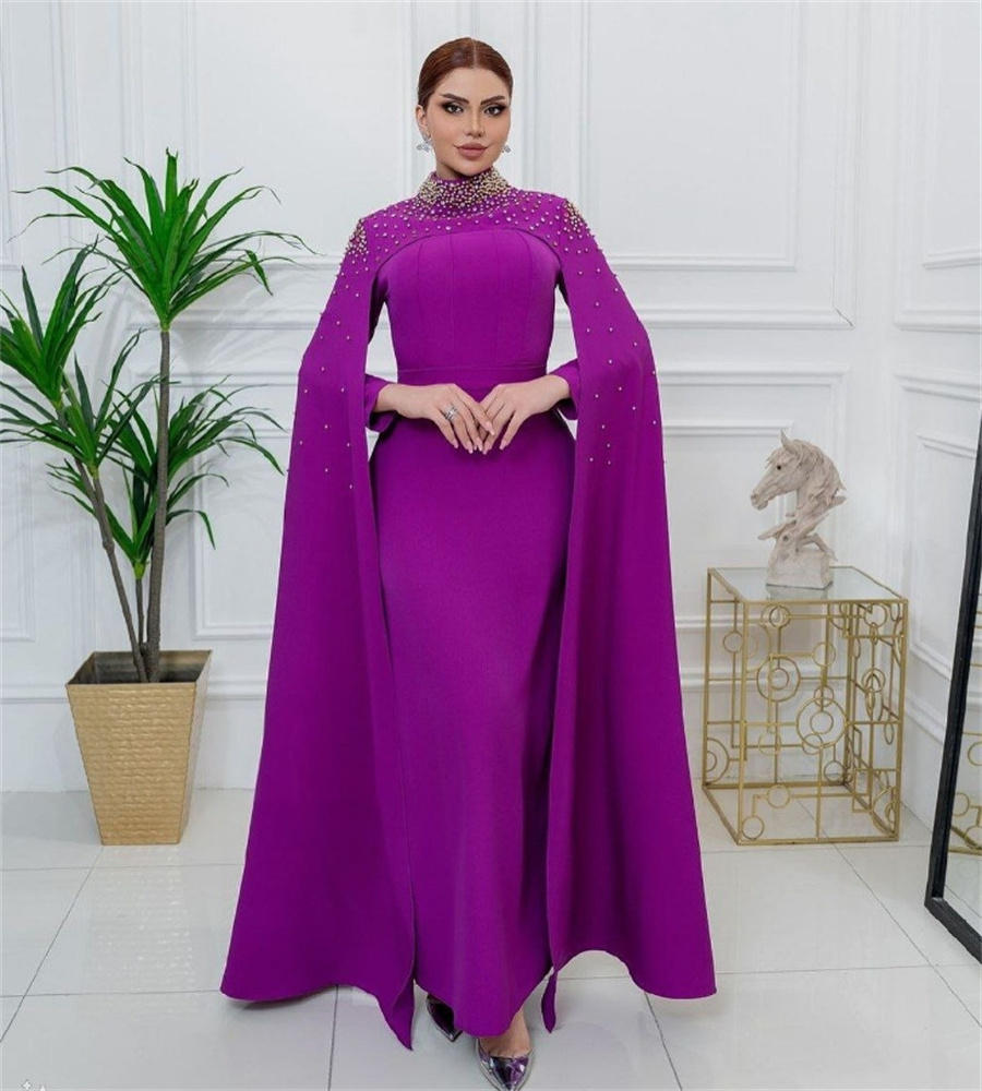 Vintage Purple Dubai Evening Dress With Beaded Cape Sleeves Arabic Muslim Prom Dress High Neck Mermaid Formal Gown Elegant Ceremony Vestio De Gala 202