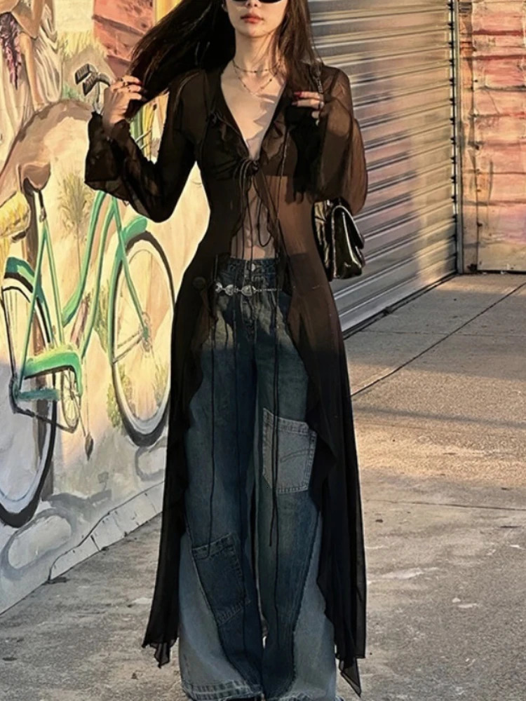 Vintage Y2k Black See Through Long Cardigan Women Sexy Grunge Vneck Streetwear Tops Summer Chic Aesthetic Bandage Slim Blouse 241214