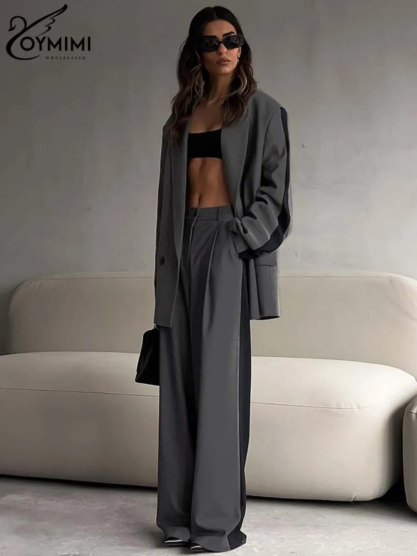 Oymimi Elegant Grey Patchwork 2 Piece Set Outfit Fashion Long Sleeve Button Blazers And Straight Simple Trousers Sets 241203