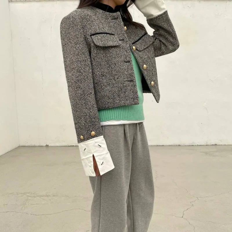 Biyaby Metal Button Stand Collar Jackets Womens Korean Pocket Plain Coat Womens Spring Long Sleeve Cut Jacket 241210