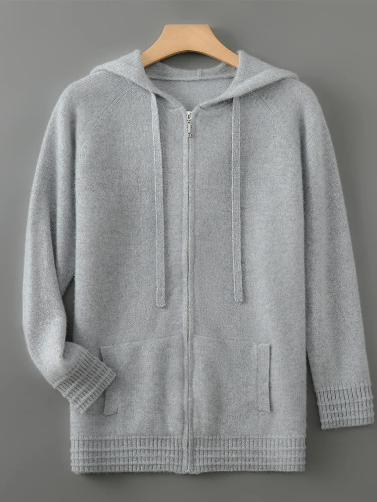 100% Merino Wool Sweater Mens Hooded Collar Knitted Cardigan Fashion Casual Base AutumnWinter Thick Warm Wear 241209