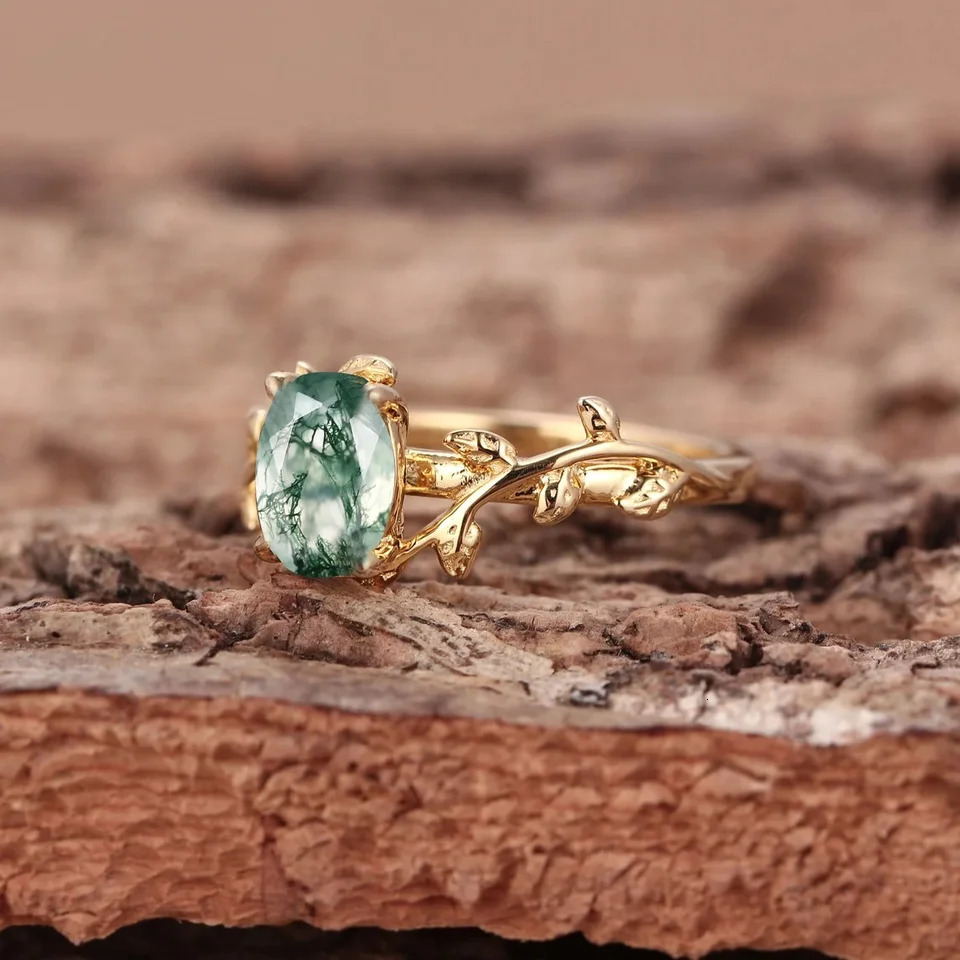 Real 925 Sterling Silver Cocktail Oval Shaped Moss Agate Rings Leaf Branch Ring For Woman Wedding Gifts High Quantity Jewelry 241214