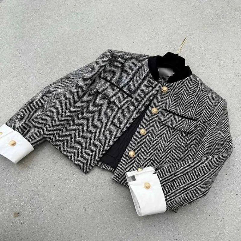 Biyaby Metal Button Stand Collar Jackets Womens Korean Pocket Plain Coat Womens Spring Long Sleeve Cut Jacket 241210