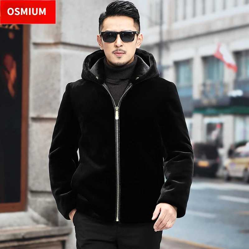 Mens faux fur coat faux mink long sleeved zipper hooded jacket oversized PU fluffy warm winter coat 4xl 5xl 6xl W241213