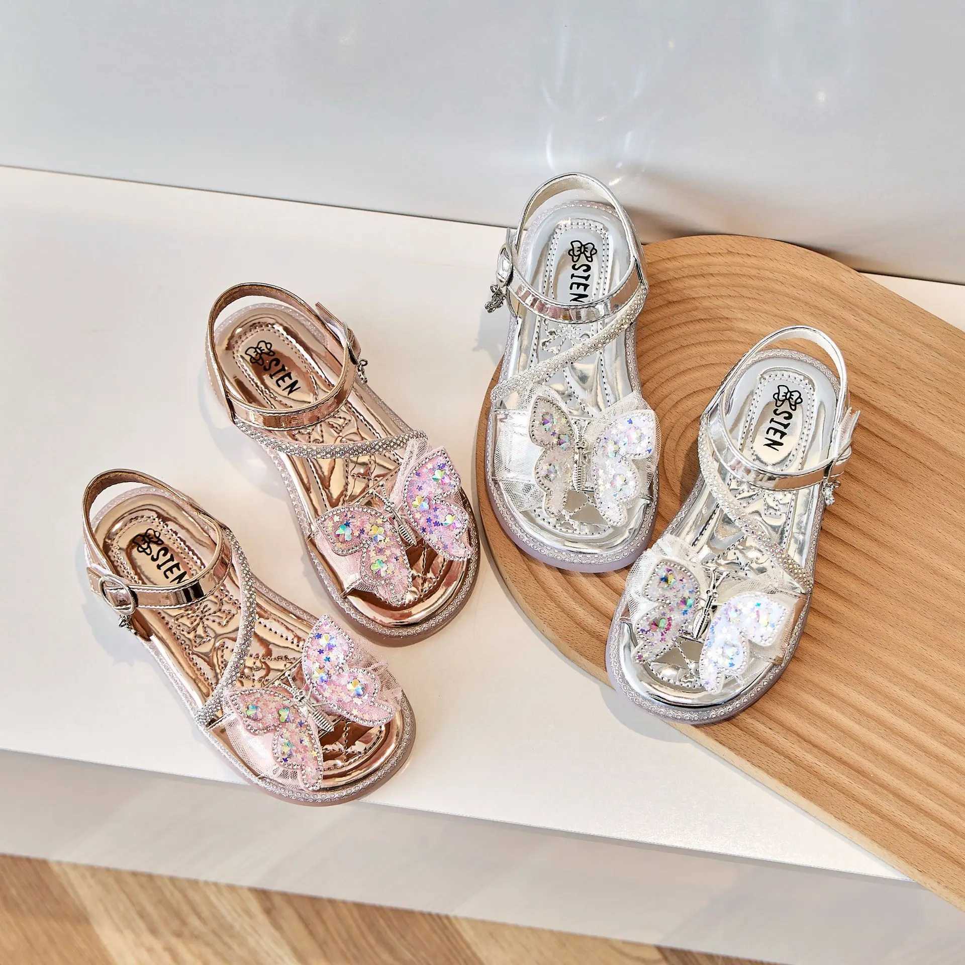 Sandals Children Party Shoes 2024 Summer New Butterfly Sequin Girls Princess Shoes Fashion Crystal Soft Sole Kids Casual Sandals H05226 H241213
