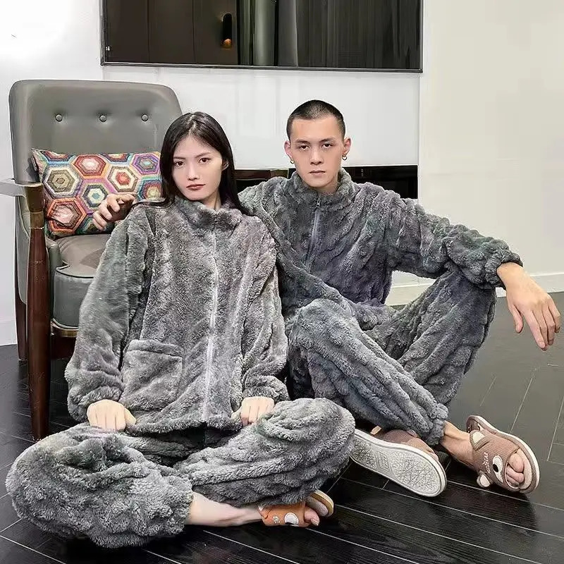 Loose Pajamas Set Warm Sleepwear Coat Men Zip Flannel Winter Pajama Sets Male Long Sleeve Casual Unisex Pyjamas Fleece 241214