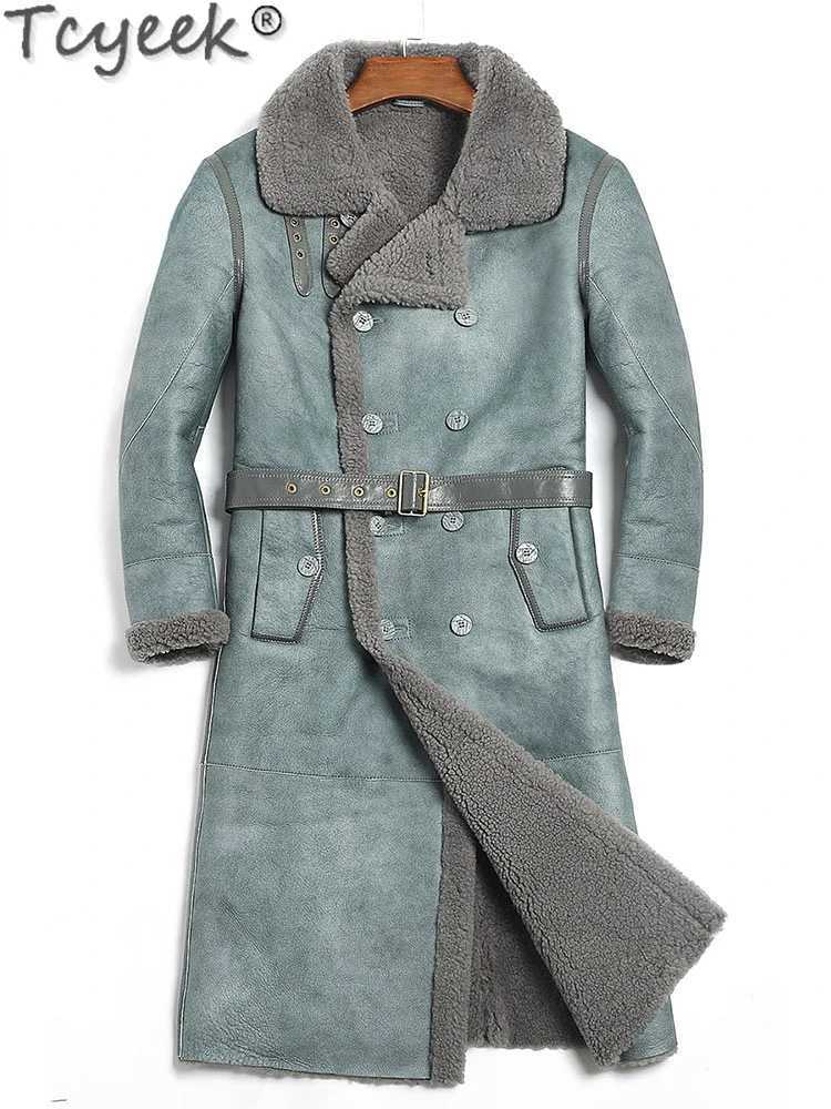Tcyeek natural sheepskin jacket mens thick real fur coat mens long winter jacket mens clothing belt fashionable warm fur coat ultra-thin W241213