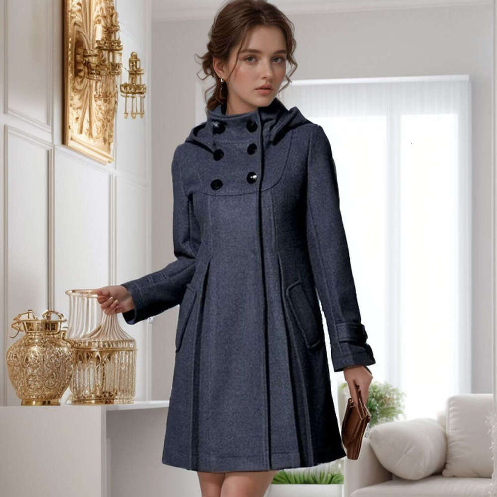 European And American Women's Medium Long Woolen Coat, Hooded Double Breasted Halloween Cloak, Windbreaker For Women