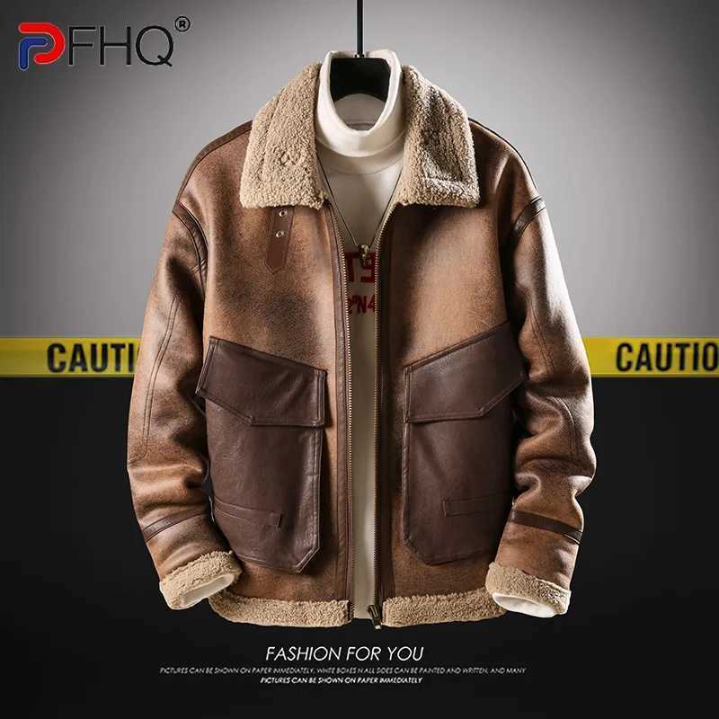 PFHQ Winter Men Fur One Piece Jacket 2024 Contrast Color Pocket Design Long Sleeve Zipper Casual Male Tops New Fashion 2Z7309 W241213