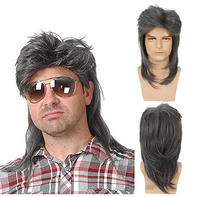 Mullet Wigs for Men 70s 80s Costumes Mens Black Fancy Party Accessory Cosplay Hair Halloween Wig 241213
