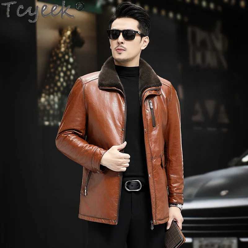 Tcyeek oil wax denim genuine leather mens jacket real mink coat medium long real fur coat mens winter clothing W241213