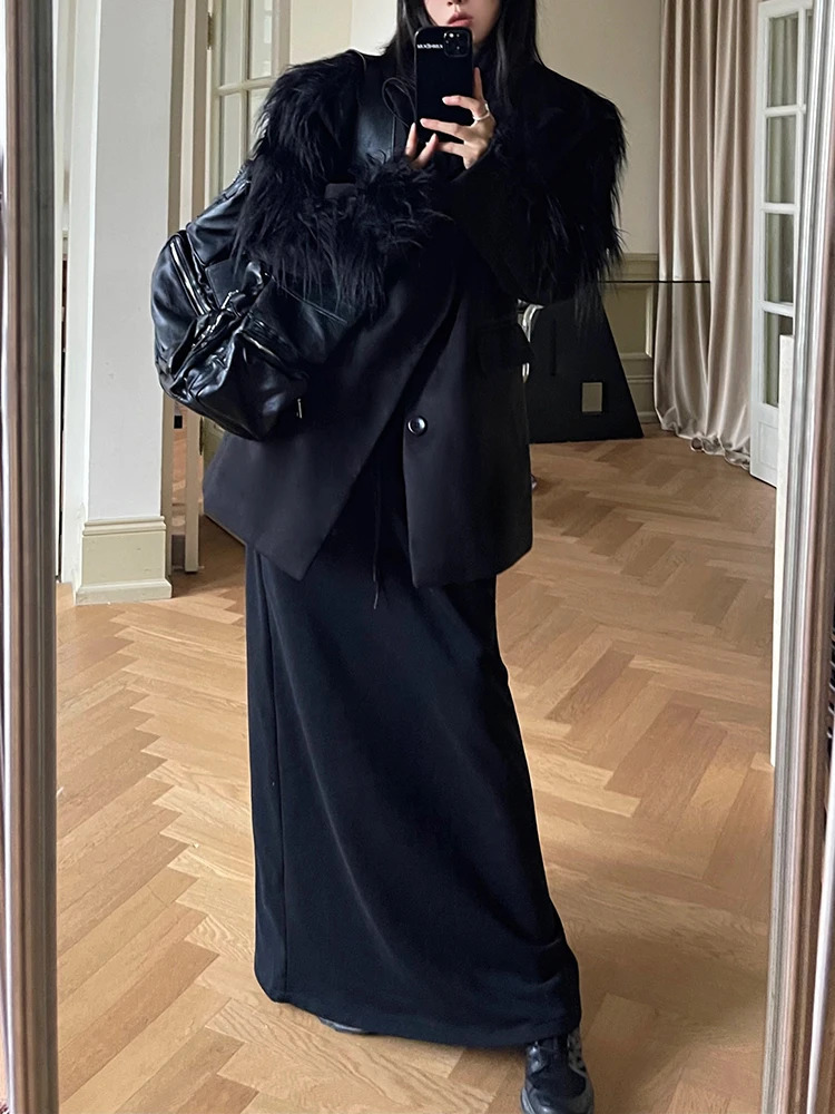 ZMEENNA Long Sleeve Patchwork Faux Fur Woolen Women Coat Autumn Winter Fashion Versatile Temperament ner Suit Jacket 241209