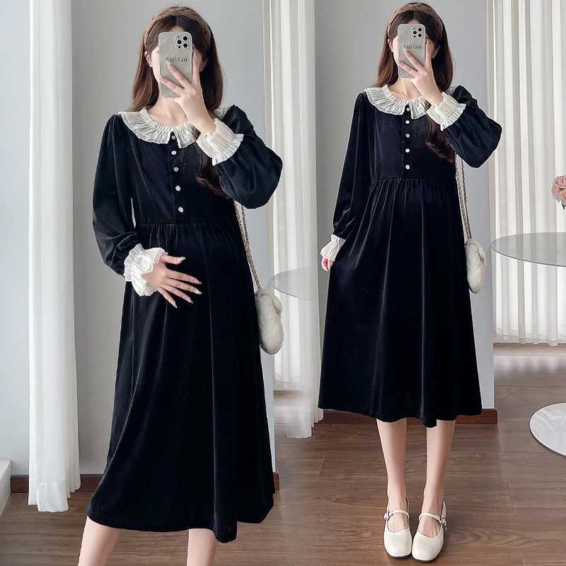 2025 Spring Materni Vintage Velvet Dresses French Sle Long Sleeve Lace Patchwork Pregnant Woman Black Par Dress ElegantXJ241213