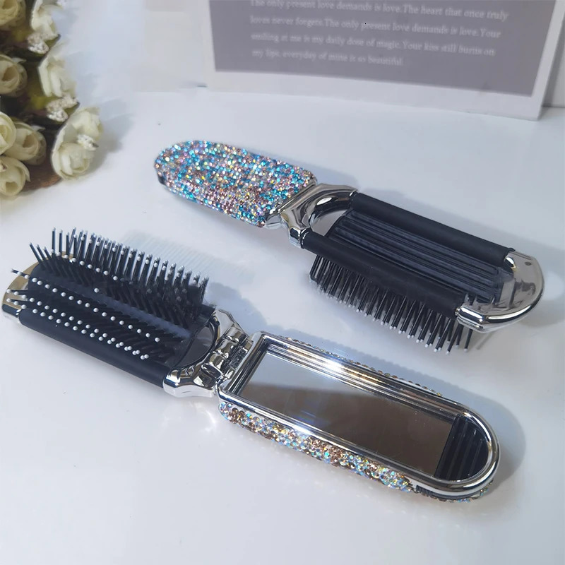 Diamond Mini Portable Folding Comb Mirror 2in1 Bling Rhinestone Air Cushion Comb Cosmetic Travel Pocket Hair Brush Makeup Tool 241213