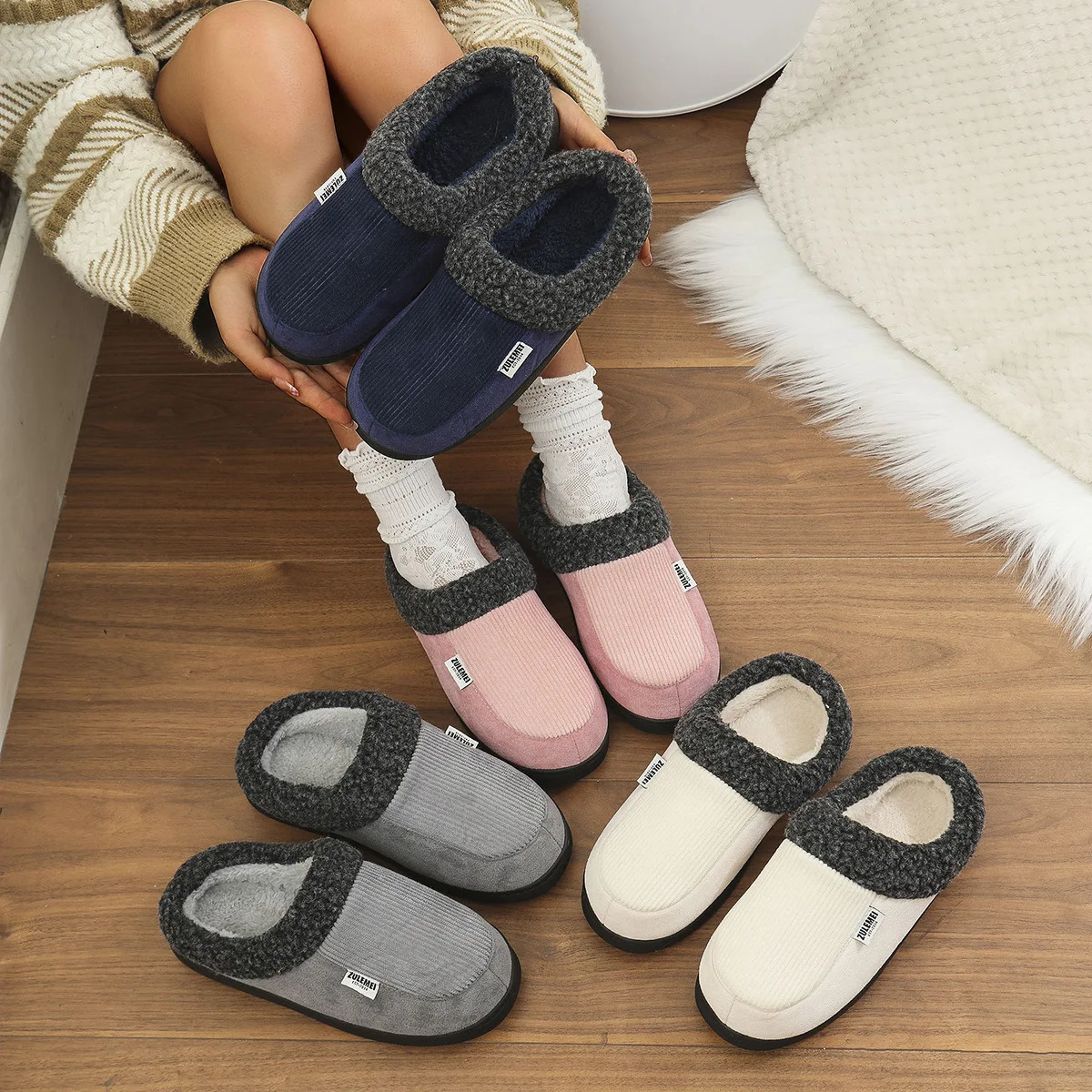 Litfun Winter Men Cotton Shoes Warm Fleece Lined Outdoor Fashion Fuzzy Slides Indoor Antiskid Short Plush Female House Slippers 241214