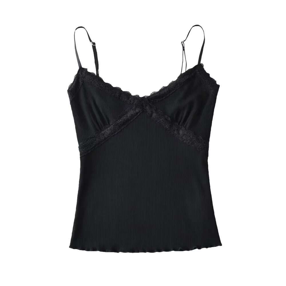 Summer Fresh Edition Lace Edge V-neck Top for Women, Elastic Tight Short Strap Top, 2024 Versatile New Trendy Clothing Ins