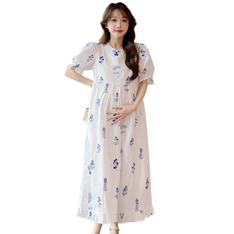 Summer Long Loose Materni Cotton Dress Puff Sleeve O-Neck Ruffles Patchwork Pregnant Woman Floral Dress Pregnancy Par DressXJ241213