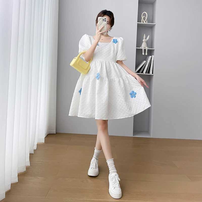 Korean Sle Materni Ball Gown Dress Sweet Puff Sleeve Square Collar Pregnant Womens A-Line Dress Pregnancy Par Dress CuteXJ241213