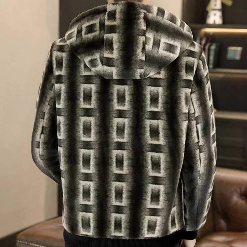 Luxury retro winter hooded faux fur mink jacket for men warm and casual business simulation fur coat office social mens clothing W241213