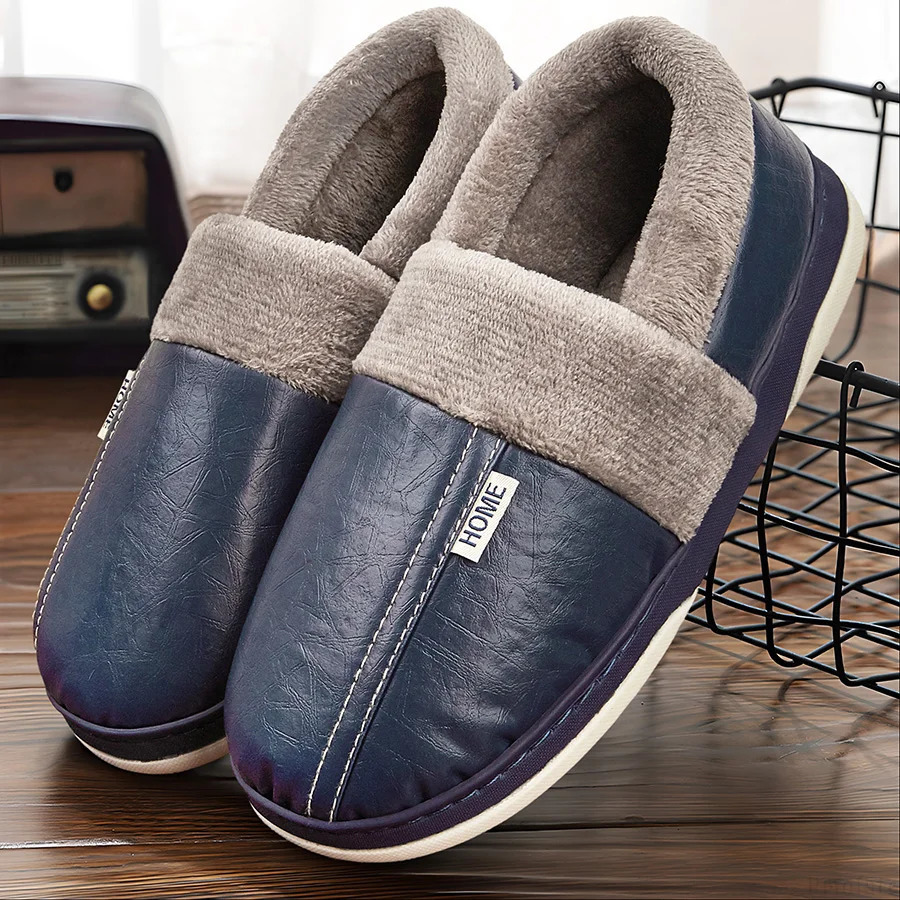 Mens Home Slippers Leather Memory Foam Furry IndoorOutdoor Shoes Couple Winter Warm Soft Nonslip y 241214