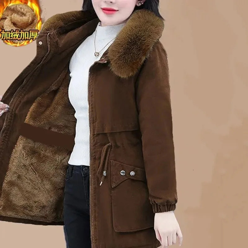Womens detachable fur collar cotton lined coat 2024 womens large size 5XL Parkas medium long style inflatable jacket 241212