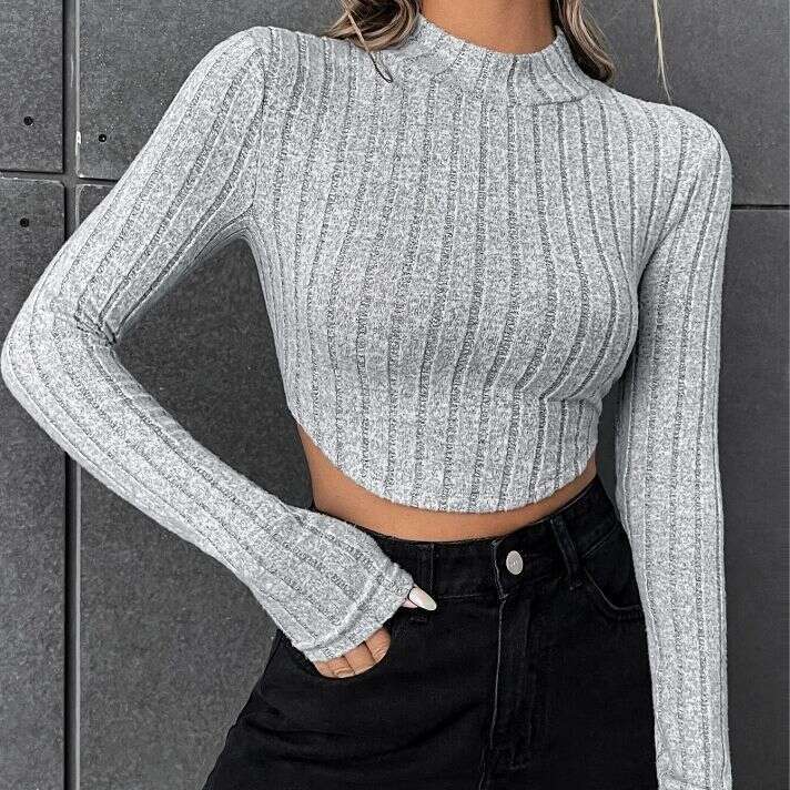 2023 autumn new product European and American short women's sexy color pit stripe exposed navel long sleeved base T