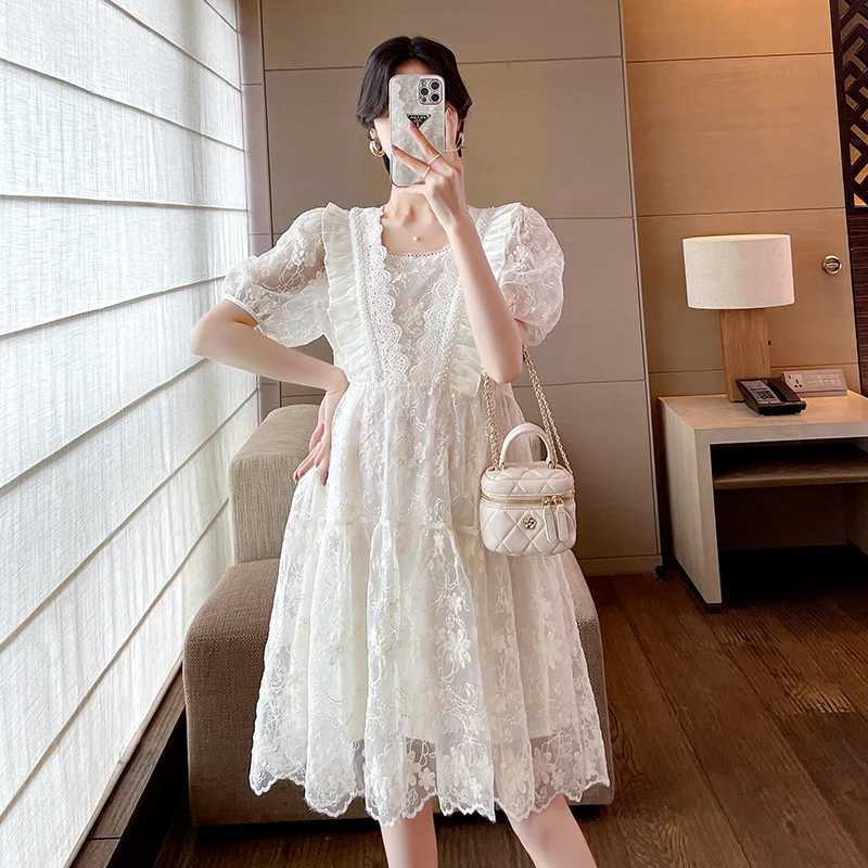 Good Quali Summer Materni Lace Dress Sweet Puff Sleeve Ruffles Patchwork Pregnant Woman Organza Dress Princess Par DressesXJ241213
