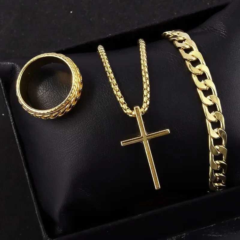 Punk Cross Pendant Necklace Bracelet Chain Ring Mens Set Simple Personality Hip Hop Party Three Piece Jewelry AccoriesXJ241214