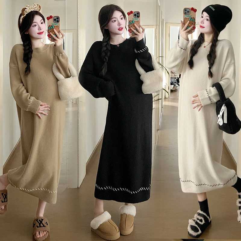 X68269# Pregnancy Dress Maxi Dress Plus Size Thicken Loose Women Korean Sle Sweater Soft Knitted Women Pregnant DressesXJ241213