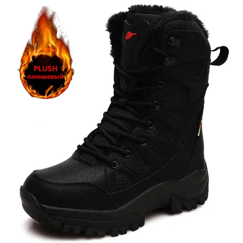 Warm Plush Snow Boots Men Lace Up Casual High Top Mens Boots Waterproof Winter Boots Anti-Slip Ankle Boots Army Work Boots 241213