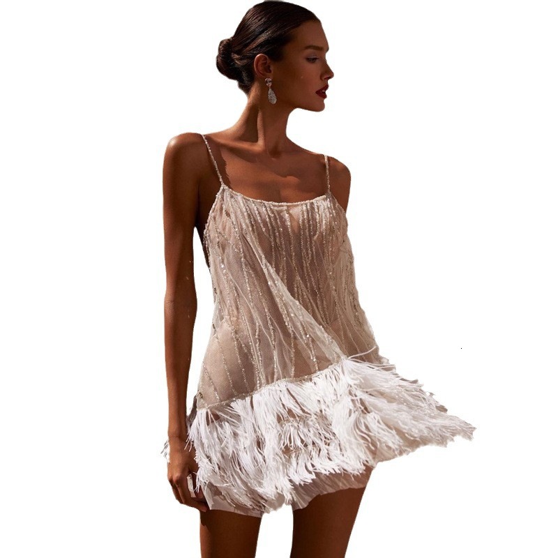 New Style Party Dress Open Back Short Skirt Layered Tassel Mesh Bead Sling Dress