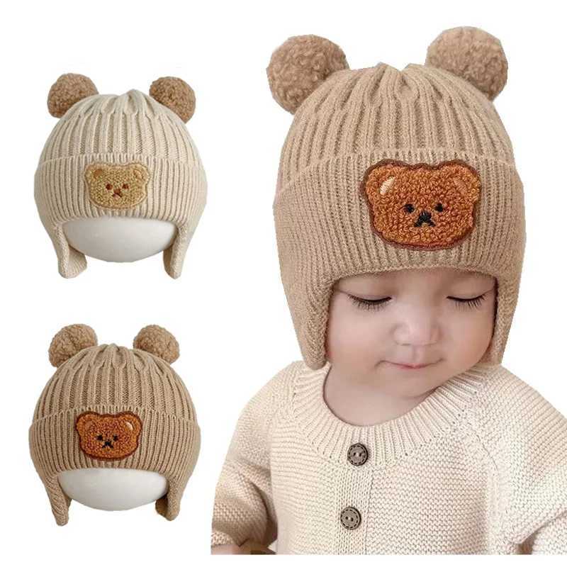 Bear winter baby hat cotton lined knitted childrens hat with ear cups baby hat W241213